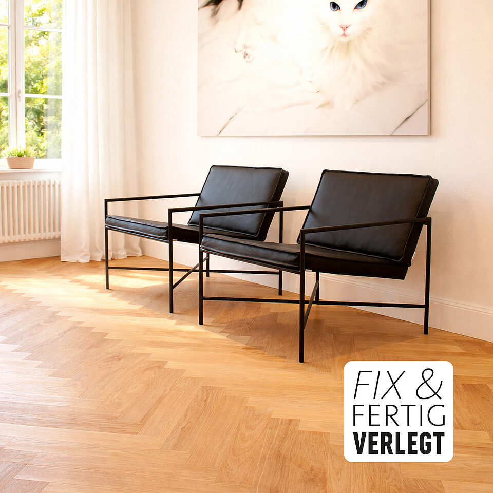 Parkett Dietrich Angebot: Fischgrät Eiche Natur versiegelt für 99,80 €/qm inklusive Verlegung